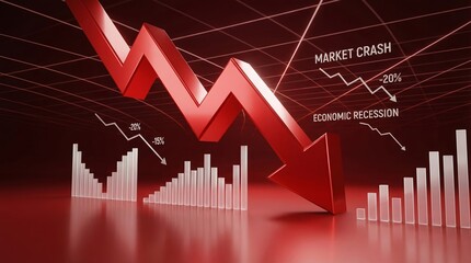 Naklejka premium 3d red arrow crashing down with falling stock market bar charts, economic recession, financial crisis and market crash illustration