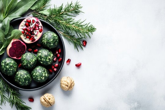 Gourmet herb and beet cheese balls garnished with walnuts and pomegranate seeds on a white plate