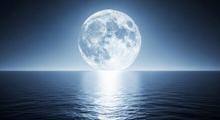 Fototapeta premium Full moon shining brightly over calm ocean waters at night.
