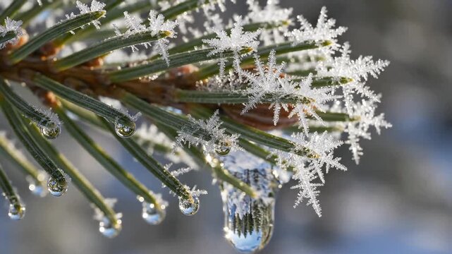 Macro time-lapse of ice melting on pine needle into water droplet reflecting forest, poetic environmental forest concept
