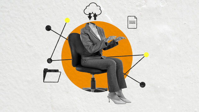 Contemporary art collage featuring a headless woman in a suit with cloud technology, data icons, and network connections. Concepts of digital transformation, AI, and modern office work