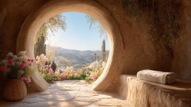 Empty tomb opening to calvary hill with three crosses, symbolizing jesus resurrection, new and easter life