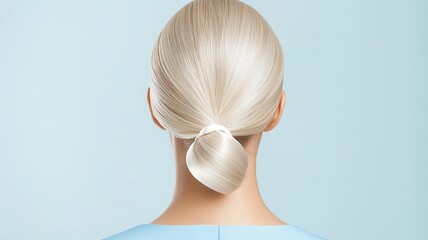 Obraz premium Woman with blonde shiny hair tied in a stylish ponytail, showcasing healthy beauty with bow elegant