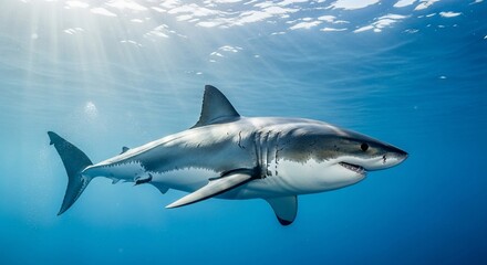 Obraz premium Great white shark swimming in the ocean with sunlight filtering through the water.