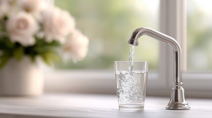 Glass of clean fresh water filling from kitchen faucet, symbolizing and hydration, purity health © Iaroslav