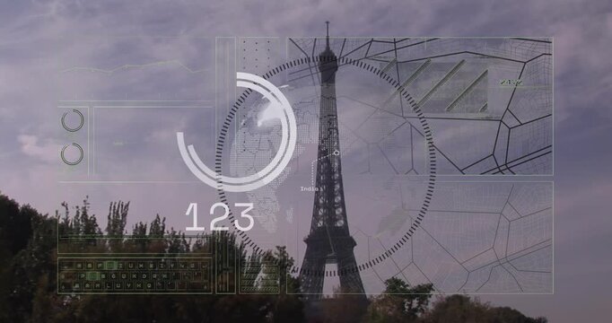 Animation of financial data processing over paris cityscape