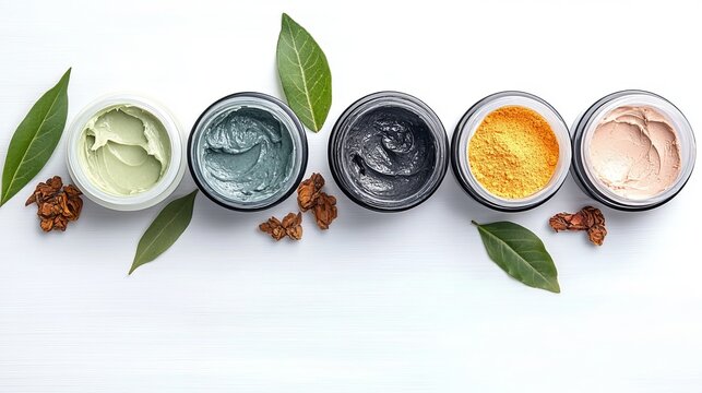 Natural Clay Face Masks in Various Colors for Herbal Skin Therapy on White Background