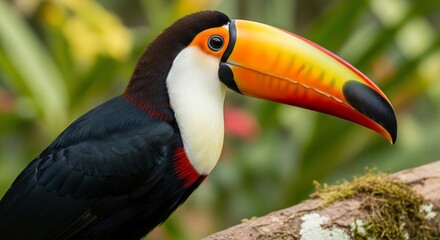 Fototapeta premium Vibrant Toucan perched on a branch in the rainforest.