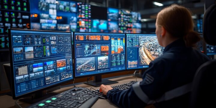 Security systems analyst using multiple screens to analyze control indicators and reports.