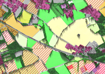 Concept de fond g&eacute;ographique - Vue a&eacute;rienne de la topographie et occupation du sol, bocage, haies et agriculture d'un territoire - Rendu 2d mod&egrave;le num&eacute;rique de terrain et nuage de points Lidar HD