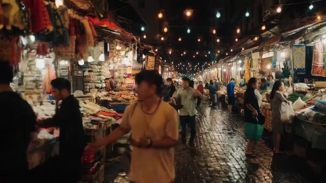 Under warm string lights, a bustling night market lines a wet cobblestone lane; vendors call over stacked goods and textiles while shoppers weave through glowing stalls and drifting aromas.