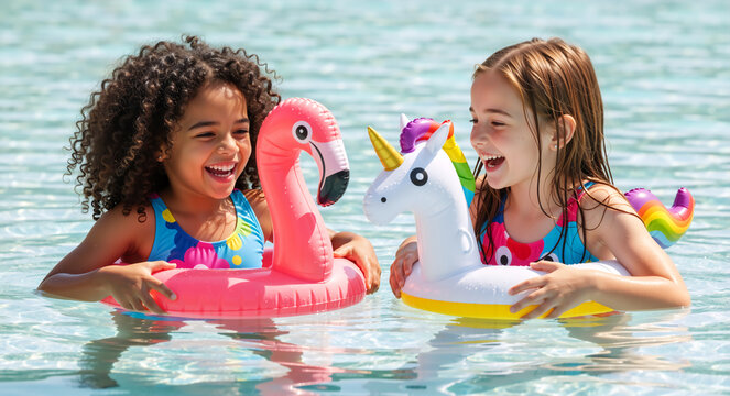 Happy diverse girls playing in swimming pool with inflatable flamingo and unicorn floats. Smiling children friends laughing in water during summer vacation