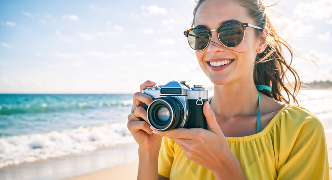 Happy young woman with a vintage camera on a sunny beach. Smiling tourist enjoying summer vacation and her photography hobby by the ocean. Travel and leisure lifestyle concept