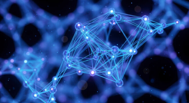 Abstract blue molecular wireframe structure with glowing nodes and connecting lines representing a complex digital network or atomic model on a dark background