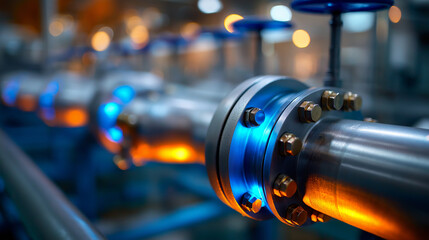 Fototapeta premium Metal pipes and valves in factory setting with blue and orange glow, industrial infrastructure, manufacturing equipment, colorful lighting, defocused facility background, with copy