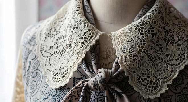 Vintage Lace Peter Pan Collar Blouse with Ribbon Tie.