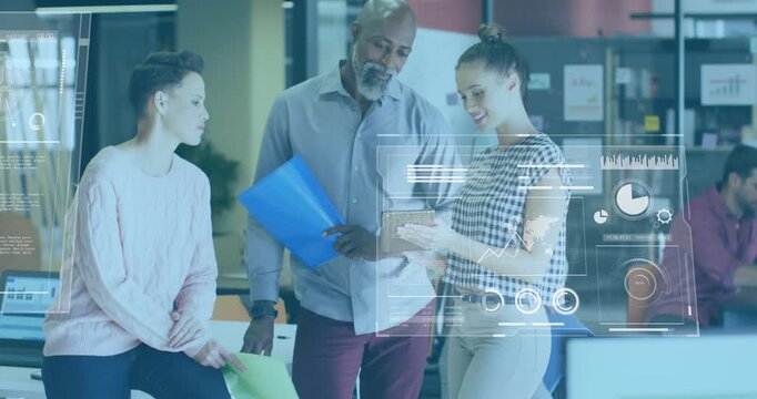 Animation of graphs, globes and loading bars over diverse coworkers sharing ideas in office