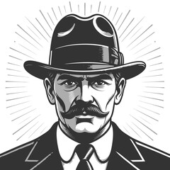 stern-faced man with a mustache wearing a fedora and suit, styled in classic early 20th-century fashion sketch engraving generative ai raster illustration. Scratch board imitation. Black and white.