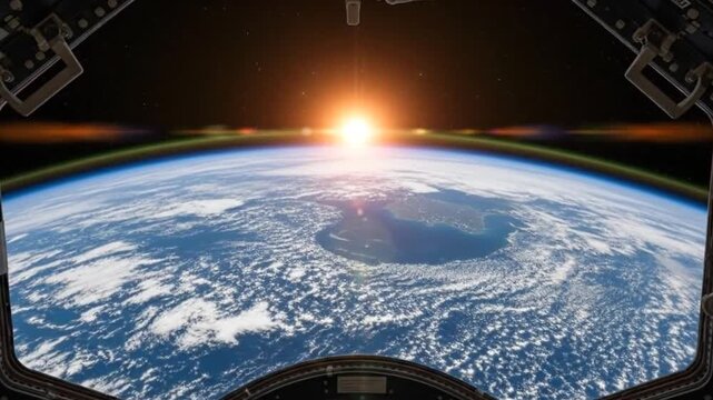View of Earth from space station window, showing sunrise and cloud formations.