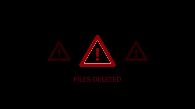 Files deleted warning alert. Cyber security defense and secure digital systems protection against cyber attacks. Urgent threat notification concept.