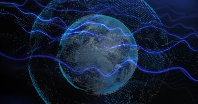 Animation of dynamic wave pattern and dots around globe over abstract background