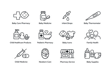 Fototapeta premium Baby care and health icons set featuring medicine, thermometer, and supplies
