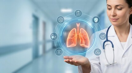 Lung cancer check and medical technology concept with doctor holding digital hologram interface of human lungs for respiratory system diagnosis, healthcare screening and future innovation.