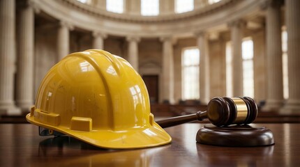 Construction law and safety concept with yellow hard hat and judge gavel in courtroom