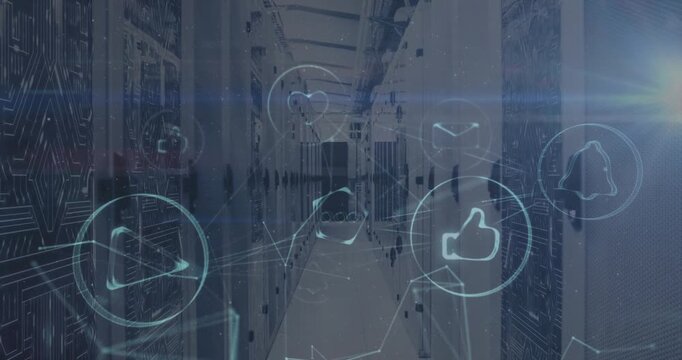 Animation of icons and digital data processing over computer servers