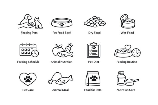 Pet nutrition icons: feeding pets, pet food bowl, dry and wet food, feeding schedule