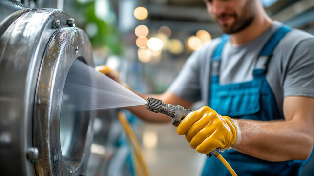 Man using power hose to clean industrial machine, faceless worker, equipment sanitation, facility maintenance, high-pressure washing, defocused factory background, with copy space
