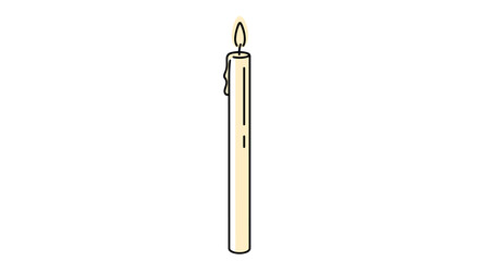 Minimalist icon of a tall slender burning candle features a single flame and a small drip of melting wax for a simple aesthetic.