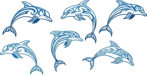 Naklejka premium Tribal Dolphin Vector Set with Stylized Ocean Animal Line Art for Tattoo Designs, Marine Logos, Surf Branding, and Decorative Aquatic Graphics