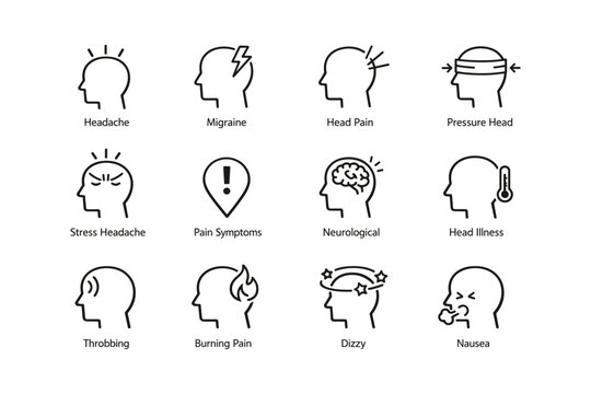 Symptoms of head pain: headache, migraine, stress, neurological, dizzy, nausea