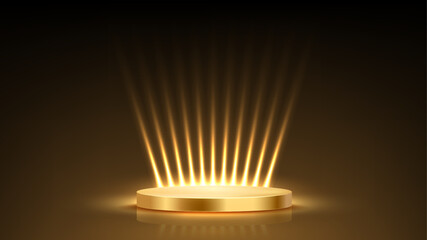 Gold award podium. Empty 3d golden stage with glowing light rays on glitter floor. Luxury product presentation, glamour design beauty industry, winner ceremony. Abstract vector illustration on black. © backup16
