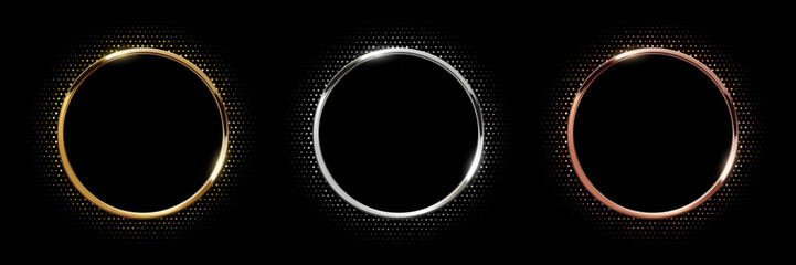 Obraz premium Gold, silver and bronze circle frames with dotted halftone light effect. Circular glowing metallic ring, button, stamp, emblem, sticker, label. Modern luxury abstract vector illustration.