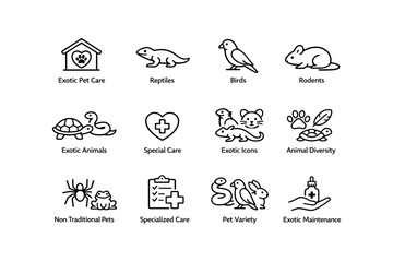 Naklejka premium Exotic pet icons: reptiles, birds, rodents, and specialized care symbols