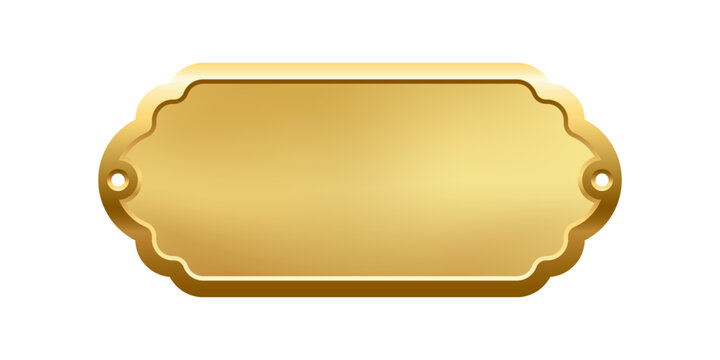 Blank golden nameplate plaque with decorative edges and screw holes. Empty metallic label for engraving, signage, awards, door signs. Realistic vector illustration.
