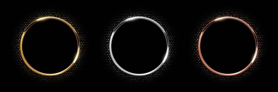 Gold, silver and bronze circle frames with dotted halftone light effect. Circular glowing metallic ring, button, stamp, emblem, sticker, label. Modern luxury abstract vector illustration.