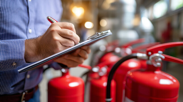 Man checking fire safety inspection checklist, faceless inspector, red fire extinguishers, industrial setting, fire safety prevention emphasis, defocused facility, with copy space