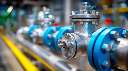 Fototapeta premium Close-up view of industrial valves and pipes, utility manufacturing facility, monitoring equipment, flow control system, defocused infrastructure, with copy space