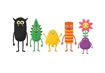 Fototapeta premium Colorful cartoon characters standing in a row on white background