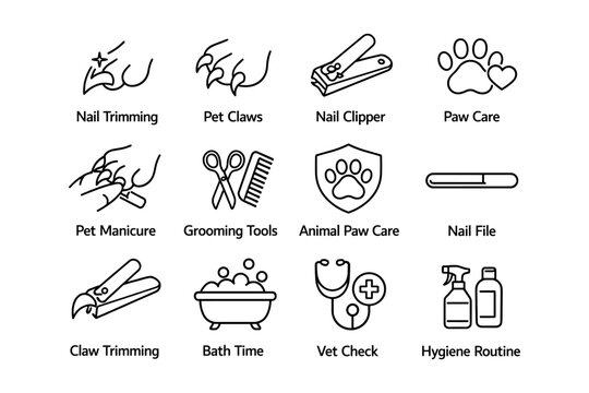 Pet grooming essentials: nail care, bathing, and hygiene tools icons