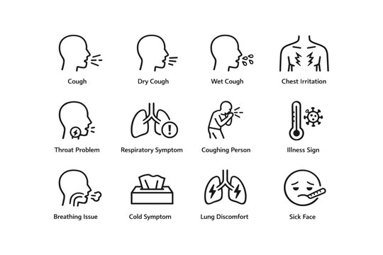 Medical icons representing cough, chest irritation, throat problems, respiratory symptoms, and illness signs