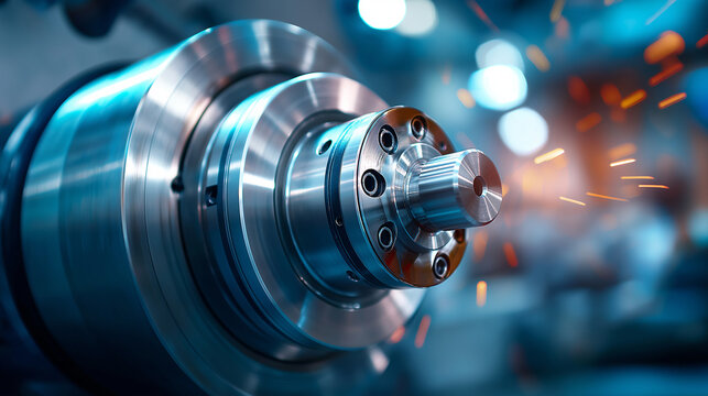 Close-up of industrial machining equipment in operation, metal components precision tools, manufacturing process, fabrication machinery, defocused workshop, with copy space