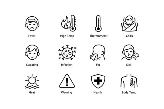 Medical icons: fever, high temperature, thermometer, chills, health symbols