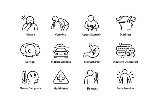 Symptoms of motion sickness and digestive discomfort illustrated icons
