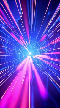 Cinematic 4K stock video, first-person perspective laser tunnel, vibrant purple, blue, red laser beams, drifting volumetric smoke, lasers reacting music beats, immersive 3D environment, glowing light