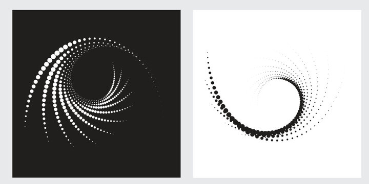 Halftone Circular Dot Pattern. Circle Frame using Halftone Dots Raster Texture. Polka Dots. Spiral logo Icon. Radial design element. Vector Illustration.