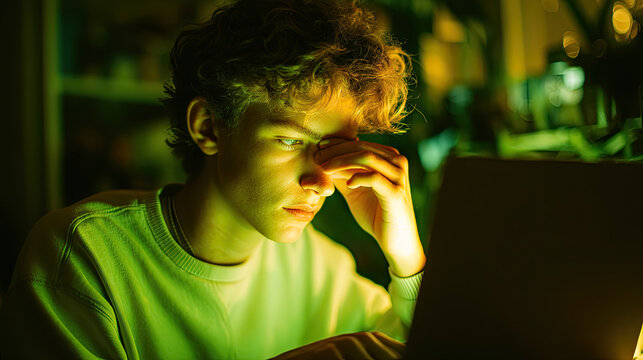 Teenager rubbing eyes due to computer eye strain from laptop use